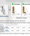 Heavy Duty Soft Close Concealed Cabinet Hinges 10 Pack Partial Overlay 105 Degree 3D Adjustable Clip On Satin Nickel Hide Mount set with dimensions