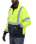 High Visibility 2 Tone Safety Sweatshirt With ANSI Class 3 Compliance Quarter Zip Lime And Navy XL Reflective Tape, side view.