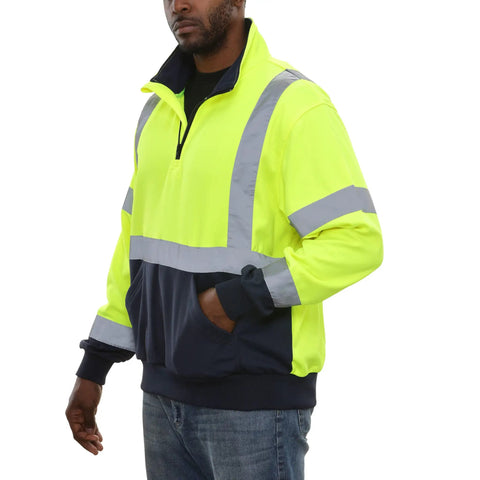 High Visibility 2 Tone Safety Sweatshirt With ANSI Class 3 Compliance Quarter Zip Lime And Navy XL Reflective Tape, side view.
