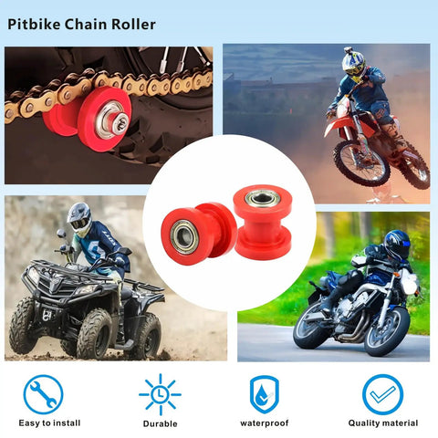 Chain Roller Tensioner Wheel Guide For Motorcycle And ATV 8mm 10mm Red Easy Install Universal Fit shown with pitbike and ATV