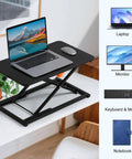 Height Adjustable Standing Desk Converter With 13 Point 3 By 23 Point 6 Inch Desktop For Home Office Keyboard Stand shown with laptop.