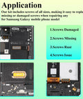 Gotta Get This Straight Fire Samsung Galaxy Complete Screw Replacement Kit For A54 A53 A52s A51 A50s A42 A41 A40s A34 A33 A32 A31 A30 Series Toolkit showing various screw applications.