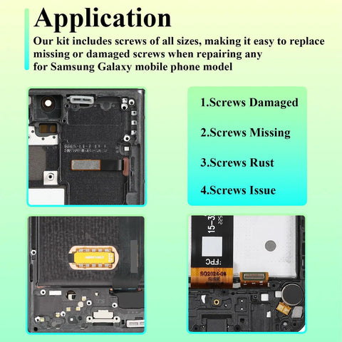Gotta Get This Straight Fire Samsung Galaxy Complete Screw Replacement Kit For A54 A53 A52s A51 A50s A42 A41 A40s A34 A33 A32 A31 A30 Series Toolkit showing various screw applications.