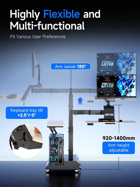 Level Up Your Setup With One Touch Electric Height Adjustable Mobile Gaming Desk Featuring Floating Shelf Dedicated CPU Stand Three Posture Modes And Built In Power Strip with adjustable arm, 180 swivel, and keyboard tray tilt.