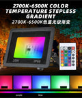 Top Shelf SmartRGB Outdoor Floodlight 50W LED Spotlight with Wifi App Control showcasing gradient colors and remote.