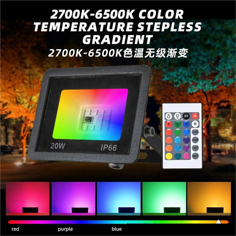 Kick Up Some Color With This Smart 50W RGB Outdoor Flood Light Real Quick Spot Beam Lamp For Backyard Patio Garage And Garden Party Total Evening Vibe Upgrade showing 20W IP66 RGB flood light with remote control and color gradient.