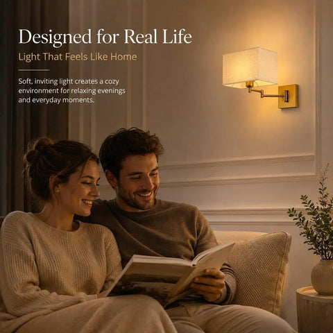 Modern Rectangular Fabric Wall Sconce,Swing Arm Wall Lamp,3 Color Lighting illuminating a cozy living space with a couple reading.
