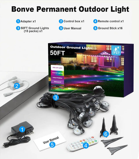 50ft outdoor ground lights kit with control box, adapter, remote, ground sticks, user manual, and box packaging visible