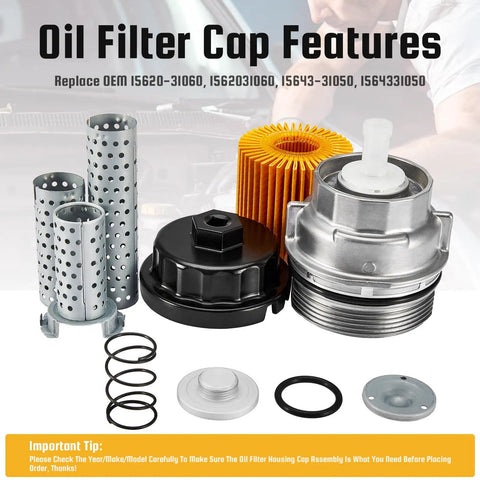 Toyota Oil Filter Housing Cap Assembly Kit With Oil Plug, Premium Aluminum Replacement For 2005-2019 Tundra, RAV4, 4Runner