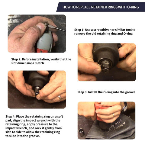 Installation guide showing steps to replace 10 Pack Top Shelf 1/2 Inch Impact Wrench Socket Retainer Rings With O Ring Seals.
