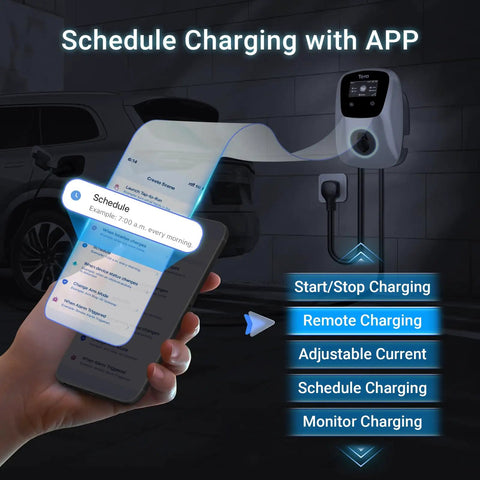Top Tier Level 2 Electric Vehicle Charger For Tesla And All J1772 Models 48 Amp 240 V with app scheduling features.