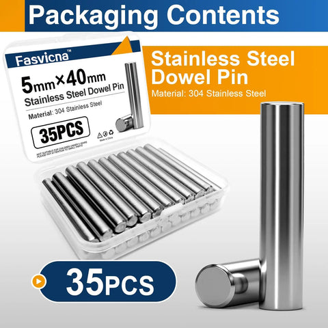 Sturdy 5mm By 40mm Stainless Steel Dowel Pins Set Of 35 Precision Ground For Quick Fit And Rock Solid Joints In Woodworking Furniture Making And Light Metal Fabrication, 35 pieces