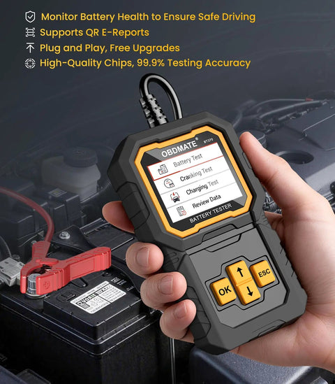 Top Shelf Plug And Play Car Battery Tester For 12V And 24V Vehicles showing device in hand, connected to battery for testing.