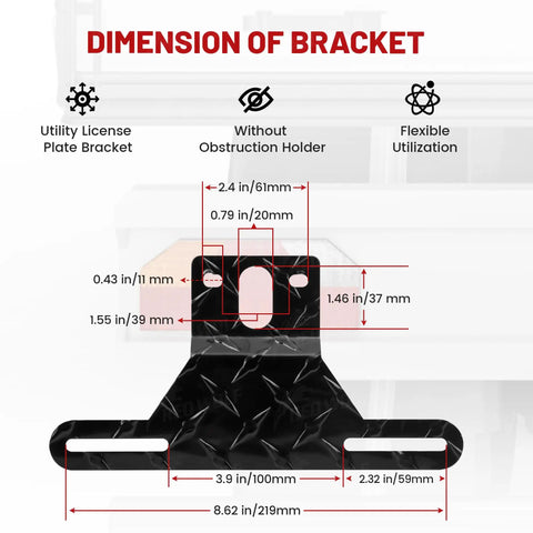 Dimensions of Heavy Duty Trailer License Plate Light Holder And Bracket Kit For RVs And ATVs Aluminum Mount Adjustable Position