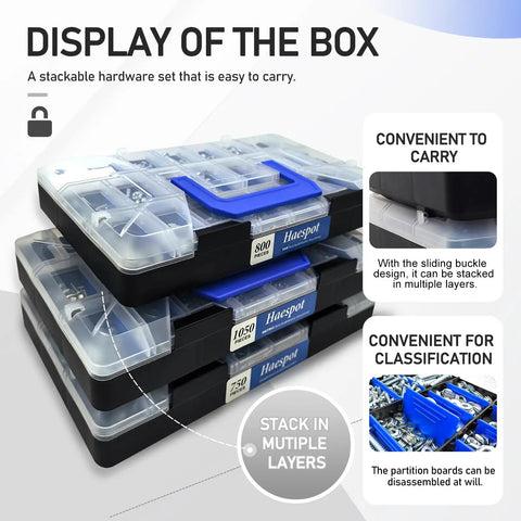Stacked view of 2600 Piece Bolt And Nut Hardware Assortment Kit With 64 Sizes Of Bolts Nuts Screws And Washers, DIY Friendly