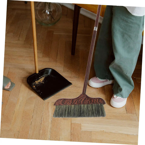 Long Handle Heavy Duty Broom With Soft Beveled Bristles For No Sweat Dust Removal And Quick Corner Cleanup Solid Workhorse Crushes Daily Kitchen Grime Indoors Or Outside Smooth Operator Approved on wooden floor with dustpan.