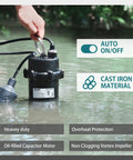 One Half HP Submersible Sewage Pump With Auto Float Switch 115V Cast Iron 5300 GPH 23 Ft Head 2 Inch NPT Discharge 10 Ft Cable shown in water.