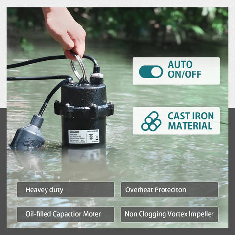 One Half HP Submersible Sewage Pump With Auto Float Switch 115V Cast Iron 5300 GPH 23 Ft Head 2 Inch NPT Discharge 10 Ft Cable shown in water.