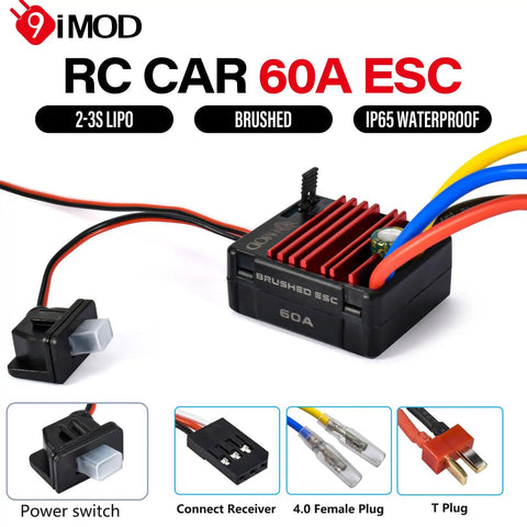 60A Waterproof Brushed ESC For 2 To 3S LiPo RC Cars Trucks Boats And 1/10 Scale Crawlers with T Plug connectors and wires
