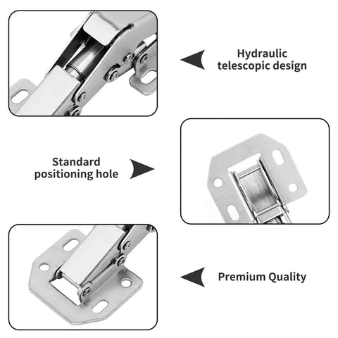 Close-up of 4 Pack Soft Close Damping Frameless Hidden Cabinet Hinges with hydraulic design and positioning hole details.