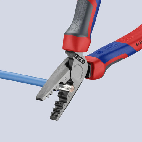 Handy Comfort Grip Crimping Pliers for Wire Ferrules 5 to 23 AWG 0.25 to 16 Mm2 DIN 46228 parts 1 and 4 in use
