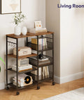 Rolling Kitchen Island Cart On Wheels With Four Tier Shelves And Storage Baskets, Six Removable Hooks, Locking Casters, Espresso Finish