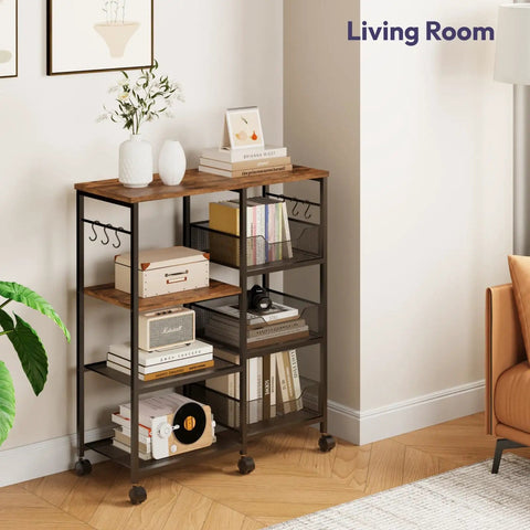 Rolling Kitchen Island Cart On Wheels With Four Tier Shelves And Storage Baskets, Six Removable Hooks, Locking Casters, Espresso Finish
