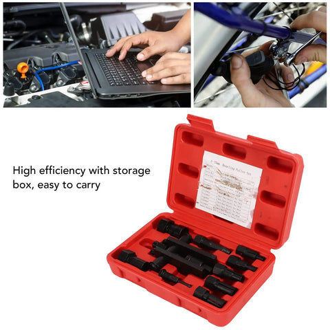 Beast Tough Bearing Removal Kit With 10 Collet Pullers for Motorcycle and Wheel Bearings in red storage box.