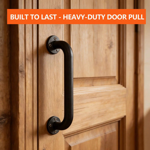 Rock Solid 12 Inch Industrial Pipe Wall Mount Grab Bar For Stairs Decks And Entryways Featuring Heavy Duty Galvanized Steel Non Slip Matte Black Support Built To Last mounted on a wooden door.