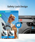 Comparison of safety lock design for Heavy Duty Tesla To J1772 Charging Adapter with open and lock indicators.