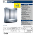 Straight Up Solid Workhorse Three Door Commercial Reach In Freezer, 72 Cubic Foot Stainless Steel Build, digital controls and heavy duty shelves.