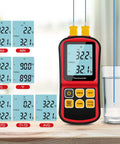 Dual Channel Digital Thermometer With Two K Type Thermocouple Probes Backlit LCD Display Great For DIY Temp Nerds next to a glass of water