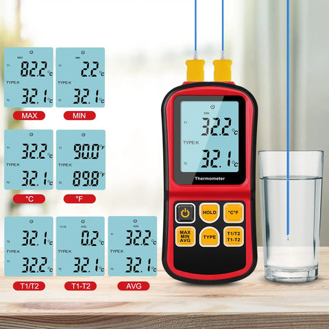 Dual Channel Digital Thermometer With Two K Type Thermocouple Probes Backlit LCD Display Great For DIY Temp Nerds next to a glass of water