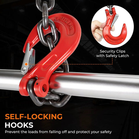BEAMNOVA red lifting chain hook, self-locking with safety latch on 5/16 in x 5 ft, 6-ton chain sling for engine hoist