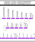Size chart of Stainless Steel Dowel Pin Kit 110 Piece Set M2 M3 M4 M5 304 Grade for furniture assembly and maintenance.