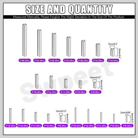 Size chart of Stainless Steel Dowel Pin Kit 110 Piece Set M2 M3 M4 M5 304 Grade for furniture assembly and maintenance.