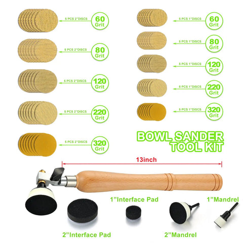 All-in-One Bowl Sander Kit with 1-Inch and 2-Inch Sanding Blocks, 50 Hook-and-Loop Discs, and 13-Inch Hardwood Handle