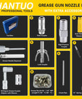 Front view: HANTUO grease gun accessory kit in blue tool box with 12-inch hose, 90° adapter and fittings (10 items)