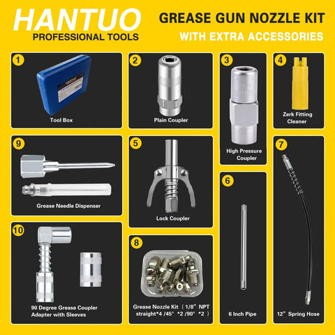 Front view: HANTUO grease gun accessory kit in blue tool box with 12-inch hose, 90° adapter and fittings (10 items)
