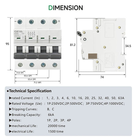 DC Miniature Circuit Breaker 2 Pole 500V 40 Amp Disconnect Switch Isolator for Solar PV Systems dimensions and specifications