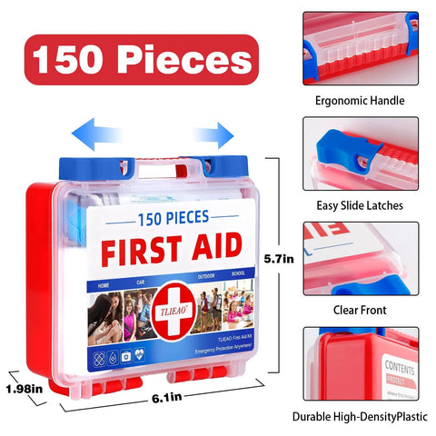 TLIEAO 150-piece mini first aid kit in clear plastic case with red sides, blue ergonomic handle and slide latches