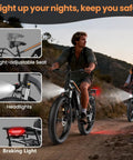 Riders on Fat Tire Electric Beast Bike With 1500W Peak Motor 48V 15Ah Battery on a dirt trail at dusk with headlights on