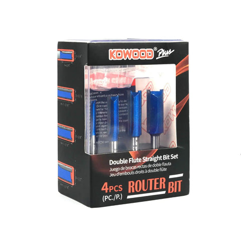 Box of Plus Double Flute Straight Router Bit Set With 1/4 Inch Shank Includes 1/4, 5/16, 3/8, 1/2 Diameter Bits Updated C3 Carbide
