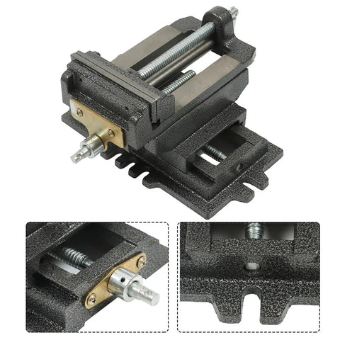 Beefy 5 Inch X Y Compound Drill Press Vise With Cross Slide Clamp, Heavy Duty Double Way Vise, and swivel crank detail shots
