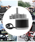 Powerful 250W 24V Brushed DC Gear Motor With Low Speed 75 RPM Ideal For Electric Wheelchairs, shown with various wheelchairs
