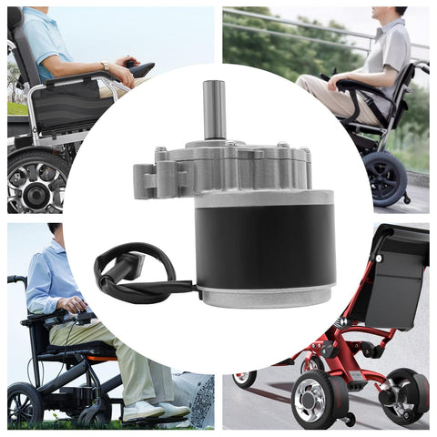 Powerful 250W 24V Brushed DC Gear Motor With Low Speed 75 RPM Ideal For Electric Wheelchairs, shown with various wheelchairs