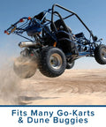 Dune buggy jumping in desert with fitted heavy duty 36 inch go kart axle rod, one inch diameter, three quarter inch step down.
