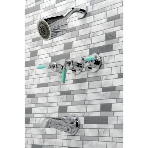 Chrome wall-mounted shower faucet with triple handles, not Kaiser Triple-Handle Tub And Shower Faucet In Antique Brass.