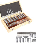 Keyway Broach Set Kit With 22 Pieces Metric Size Broaches Pro Grade Collared Bushings Shims And Gaskets In A Varnished Box opened view