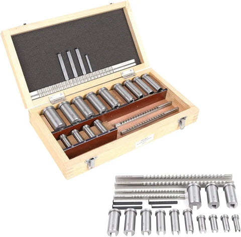 Keyway Broach Set Kit With 22 Pieces Metric Size Broaches Pro Grade Collared Bushings Shims And Gaskets In A Varnished Box opened view